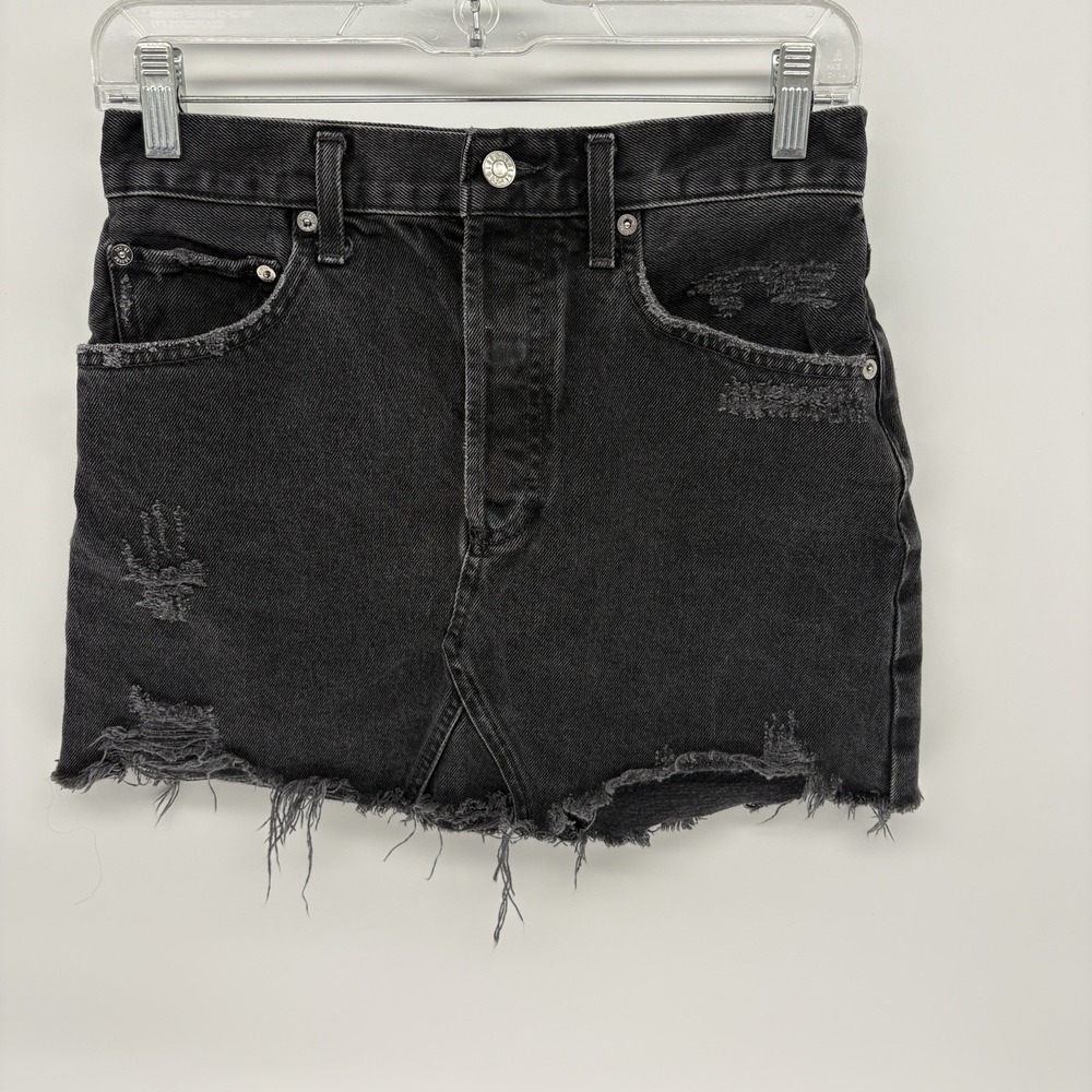 AGOLDE Black Distressed Denim Mini Skirt Raw Frayed Hem Button Fly USA Women 26